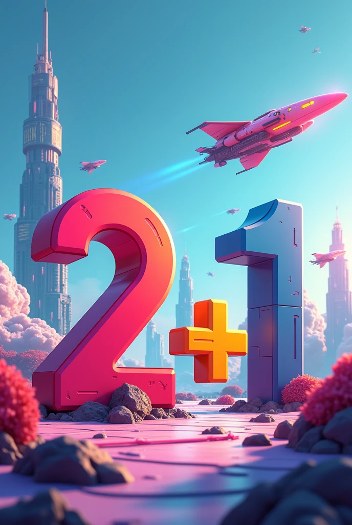 futuristic image with the number two, the plus sign and the number one put buildings in the background and very colorful ships
