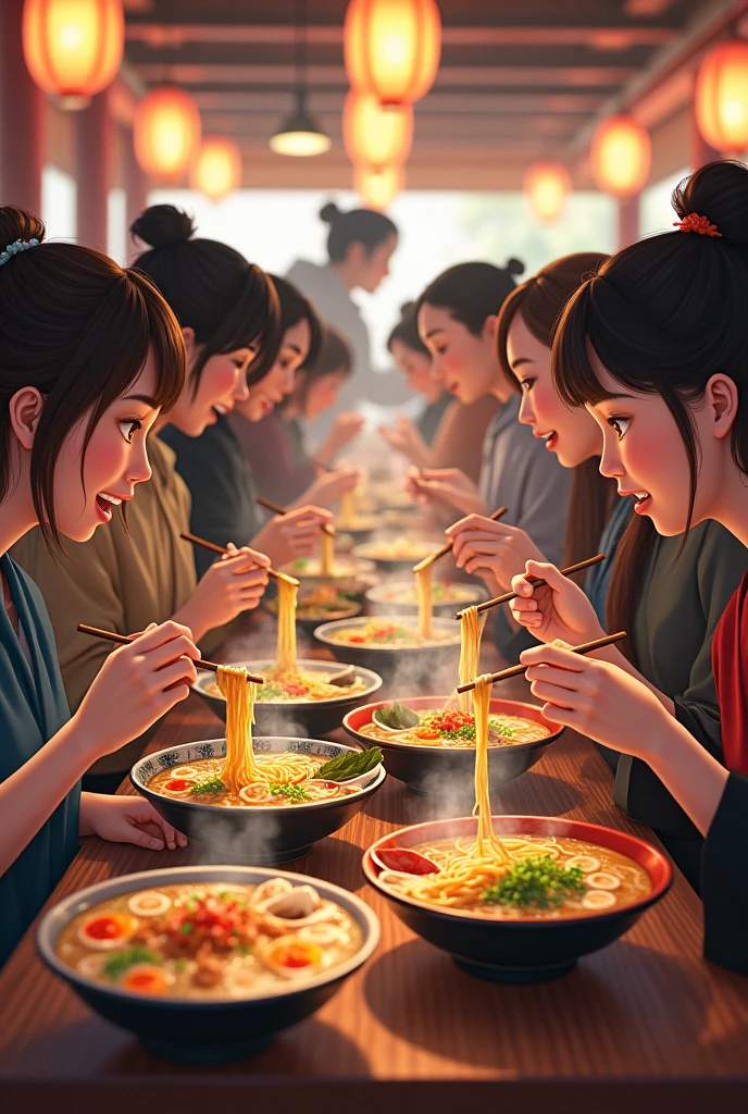 women and men holding ramen