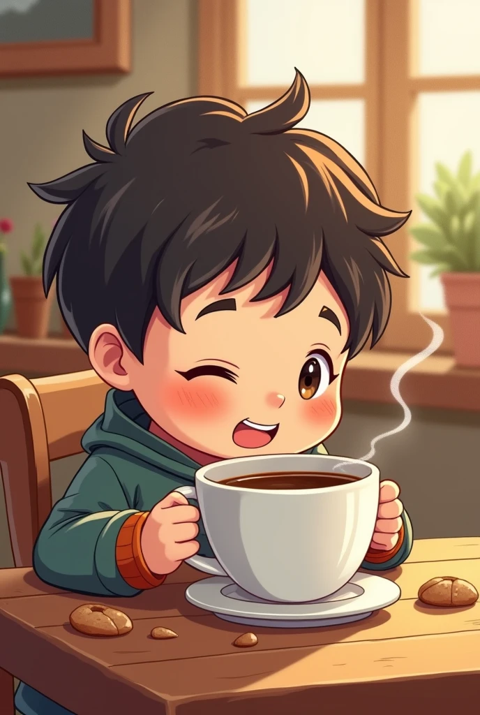 chibi boy drinking coffee