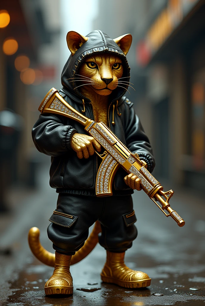 Small size Pendent of humanoid panther holding a ak47 in hands in gold and diamonds with street ware clothing