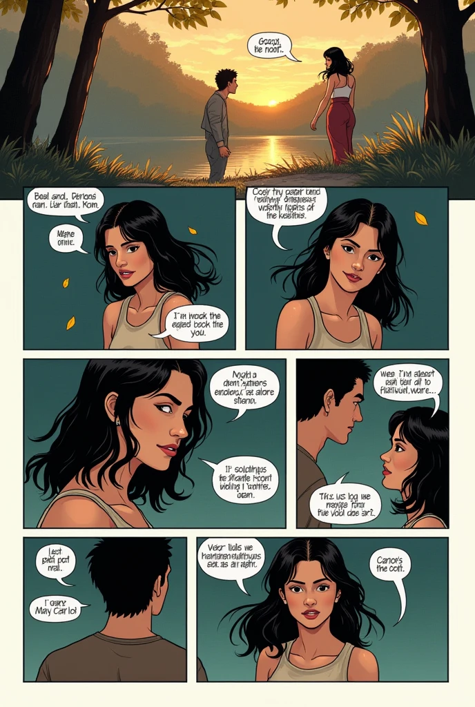 Title: Lessons of Betrayal
Scene 1:
Group 1:
Image: A main character, Luna, receives a message on her phone. His face shows surprise and sadness. In the message, there is evidence that her partner, Carlos, has cheated on her.
Text (in a narration box): "Sometimes the truth hurts more than we imagine."
Group 2:
Image: Luna, with tears in her eyes, confronts Carlos, who looks down in guilt.
Dialogue (Moon): "How could you do this to me? I thought what we had was real."
Group 3:
Image: Carlos leaves, leaving Luna alone in the room, surrounded by the darkness of the night. Luna sits on her bed, hugging her legs, trying to process what happened.
Text (in a narration box): "The pain of betrayal is deep and overwhelming."
Scene 2:
Group 4:
Image: Time passes. Luna is in a cafeteria, talking with a friend, Mariana. His face is more serene, although he still bears the marks of pain on his face.
Dialogue (Mariana): "How do you feel now, Luna?"
Dialogue (Moon): "Stronger. I have learned that some people are not meant to stay, but to teach us something important."
Group 5:
Image: Luna walks through a park, with an expression of peace and determination on her face. Leaves fall gently around them, symbolizing the passage of time and renewal.
Text (in a narration box): "The pain is temporary, but the lesson is eternal."
Group 6:
Image: Luna looks forward, with a new shine in her eyes. In the background, dawn is glimpsed, representing a new beginning.
Text (in a narration box): "Every wound is a lesson that prepares us for a brighter future."
Final scene:
Group 7:
Image: Luna smiles, surrounded by new friendships and opportunities, as she walks towards the horizon.
Text (in a narration box): "The pain of betrayal is temporary, but the lesson it leaves is eternal. And with that lesson, we learn to flourish."
This comic strip can be adapted and displayed according to the style you want, adding more details or scenes if you see it necessary.