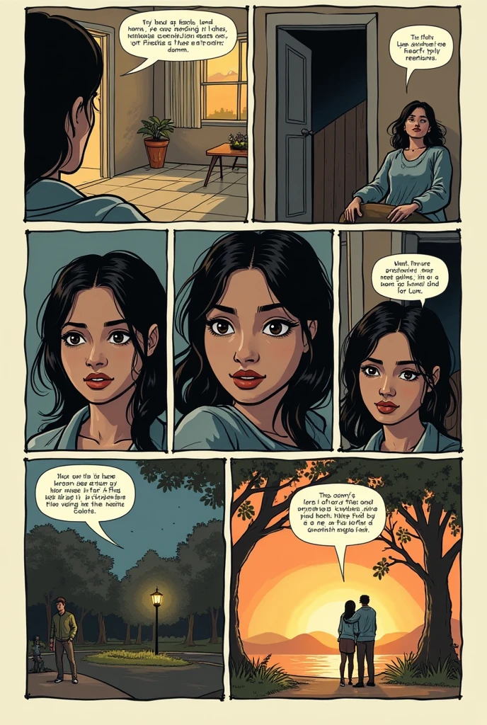 Title: Lessons of Betrayal
Scene 1:
Group 1:

Image: A main character, Luna, receives a message on her phone. His face shows surprise and sadness. In the message, there is evidence that her partner, Carlos, has cheated on her.
Text (in a narration box): "Sometimes the truth hurts more than we imagine."
Group 2:

Image: Luna, with tears in her eyes, confronts Carlos, who looks down in guilt.
Dialogue (Moon): "How could you do this to me? I thought what we had was real."
Group 3:

Image: Carlos leaves, leaving Luna alone in the room, surrounded by the darkness of the night. Luna sits on her bed, hugging her legs, trying to process what happened.
Text (in a narration box): "The pain of betrayal is deep and overwhelming."
Scene 2:
Group 4:

Image: Time passes. Luna is in a cafeteria, talking with a friend, Mariana. His face is more serene, although he still bears the marks of pain on his face.
Dialogue (Mariana): "How do you feel now, Luna?"
Dialogue (Moon): "Stronger. I have learned that some people are not meant to stay, but to teach us something important."
Group 5:

Image: Luna walks through a park, with an expression of peace and determination on her face. Leaves fall gently around them, symbolizing the passage of time and renewal.
Text (in a narration box): "The pain is temporary, but the lesson is eternal."
Group 6:

Image: Luna looks forward, with a new shine in her eyes. In the background, dawn is glimpsed, representing a new beginning.
Text (in a narration box): "Every wound is a lesson that prepares us for a brighter future."
Final scene:
Group 7:

Image: Luna smiles, surrounded by new friendships and opportunities, as she walks towards the horizon.
Text (in a narration box): "The pain of betrayal is temporary, but the lesson it leaves is eternal. And with that lesson, we learn to flourish."
This comic strip can be adapted and displayed according to the style you want, adding more details or scenes if you see it necessary.
