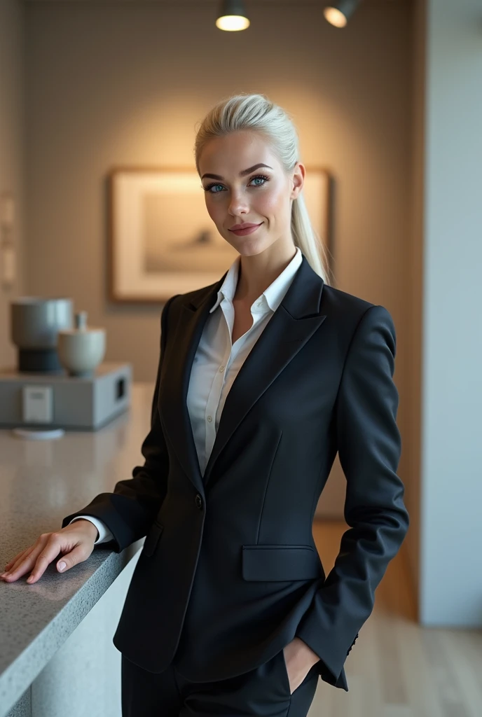 Create a photorealistic, 4K image of a female receptionist in a small modern art gallery. She is 23, platinum blonde and has intense blue eyes. She is dressed in a modern business suit that is slightly non-traditional. Her appearance looks a lot like a nordic Emilia Clarke. She always has a wicked smile, like she has something naughty on her mind.