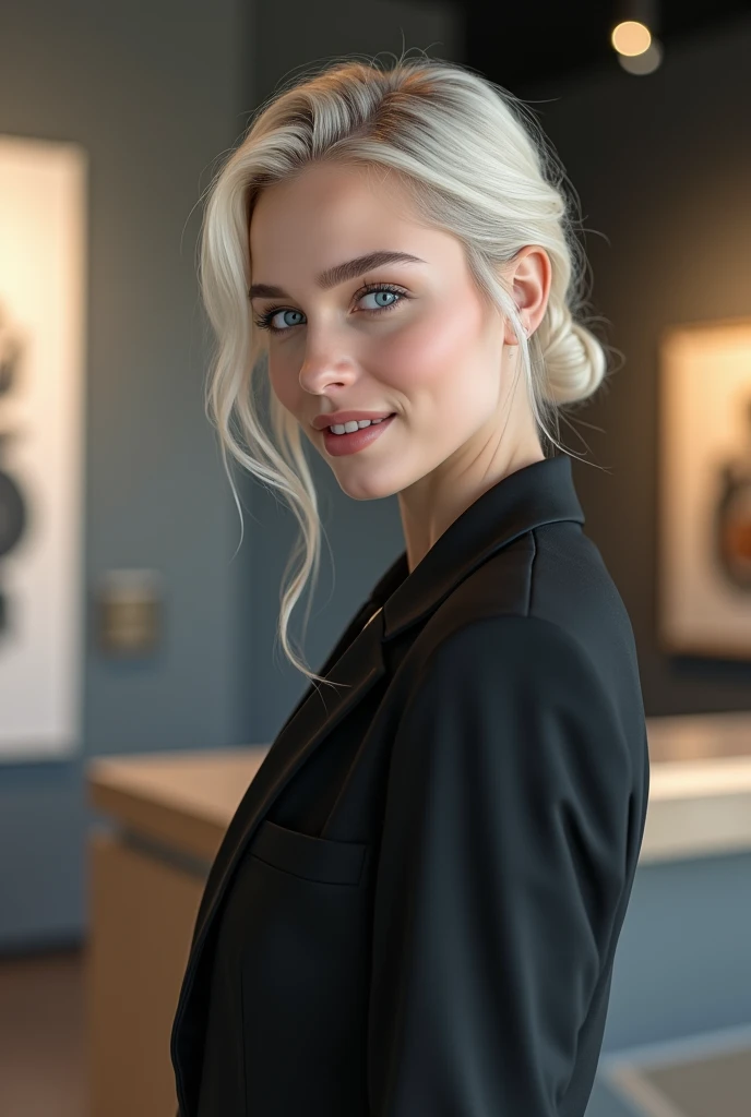 Create a photorealistic, 4K image of a female receptionist in a small modern art gallery. She is 23, platinum blonde and has intense blue eyes. She is dressed in a modern business suit that is slightly non-traditional. Her appearance looks a lot like a nordic Emilia Clarke. She always has a wicked smile, like she has something naughty on her mind.