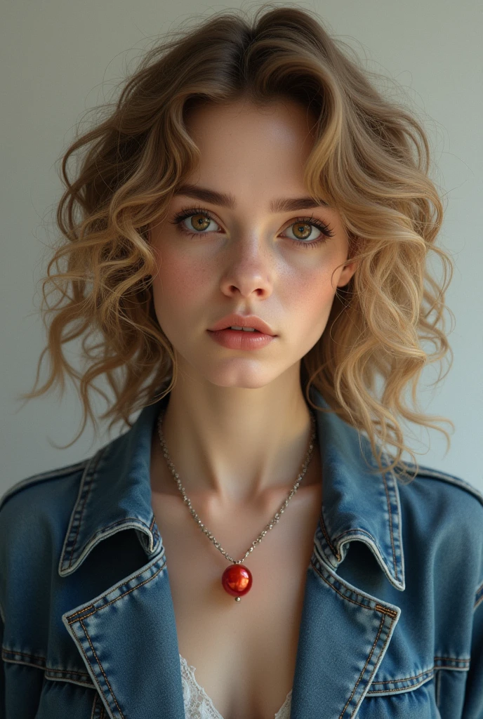 19 year old girl realistic curly hair blonde dark eyes, with a necklace with a red pearl, denim coat