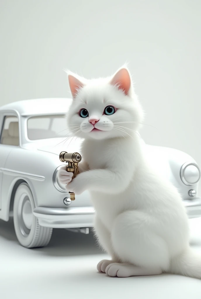 White cat painting car with air gun white color