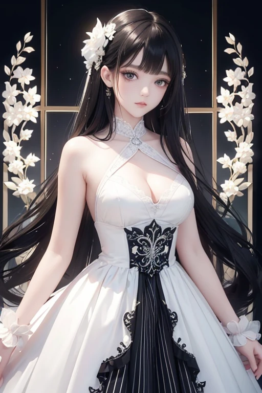 (masterpiece:1.2), Best Quality, (illustration:1.2), (ultra detailed), hyper details, (delicate detailed), (intricate details), (cinematic light, Best Quality Backlights), Delete line, soloist, perfect body, (1 girl), A young Caucasian woman with long, dark curly hair wearing a black and white striped dress against a black and white geometric background with sparkles, (make up), high contrast, (better lighting, an extremely created and beautiful), (cinematic light), showy,