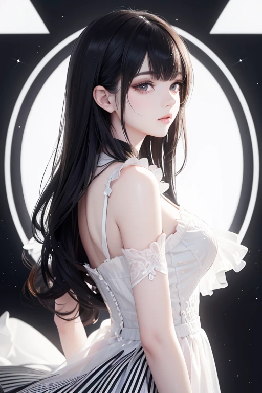 (masterpiece:1.2), Best Quality, (illustration:1.2), (ultra detailed), hyper details, (delicate detailed), (intricate details), (cinematic light, Best Quality Backlights), Delete line, soloist, perfect body, (1 girl), A young Caucasian woman with long, dark curly hair wearing a black and white striped dress against a black and white geometric background with sparkles, (make up), high contrast, (better lighting, an extremely created and beautiful), (cinematic light), showy,