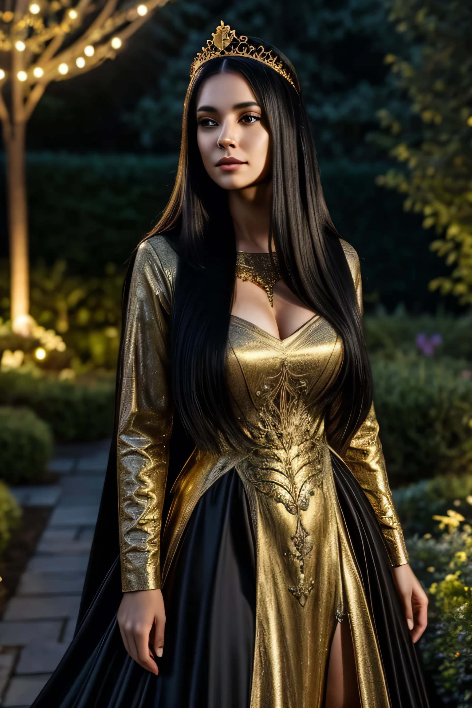 ((photorealism, high quality, detail)), (more than half of the body) An aristocratic young woman from a fictional European medieval aristocracy looks at us with seductive eyes. . (stands holding her skirt with her hands) she is dressed in a simple black dress made of fabric with a very low neckline, gold jewelry (jewelry with emeralds). Curly wavy hair is decorated with white flowers