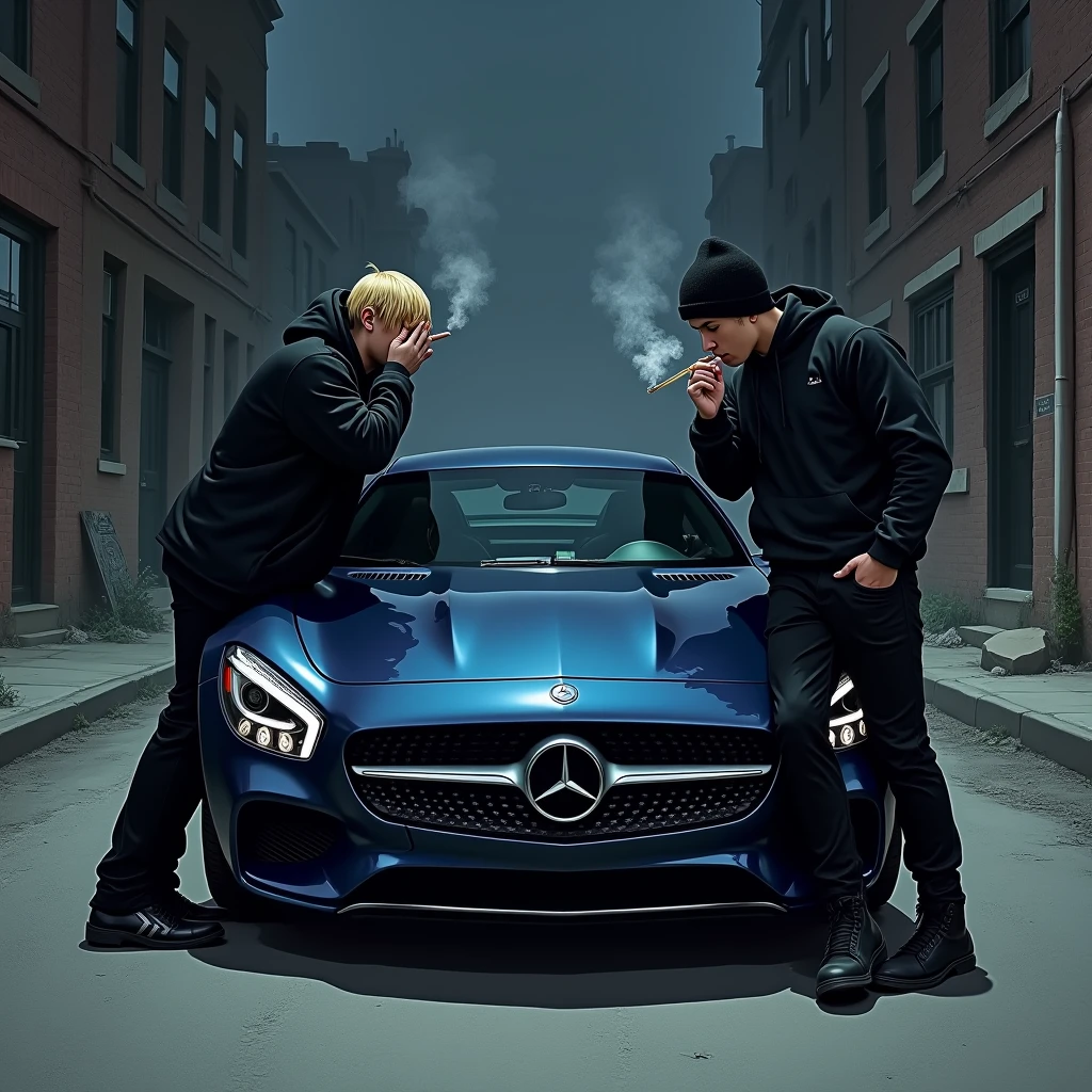 far front view of two guys standing leaning on the left and right of the hood of a mercedes dark blue glossy sports car in an empty dark city's street at night buildings are abandonned with brick walls, one guy is blond with a trucker cap and hide his face with his hands and the other one have dark hair and a beanie lighting up a cigarette and smoke in the air, both are dressed in black baggy clothes, mysterious atmoshpere, realistic drawing type,