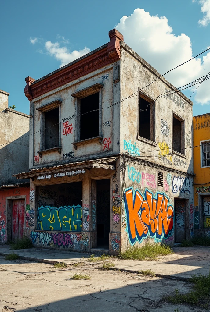 Abandoned store diorama, with graffiti, graffiti, windowless two-story building in brazil