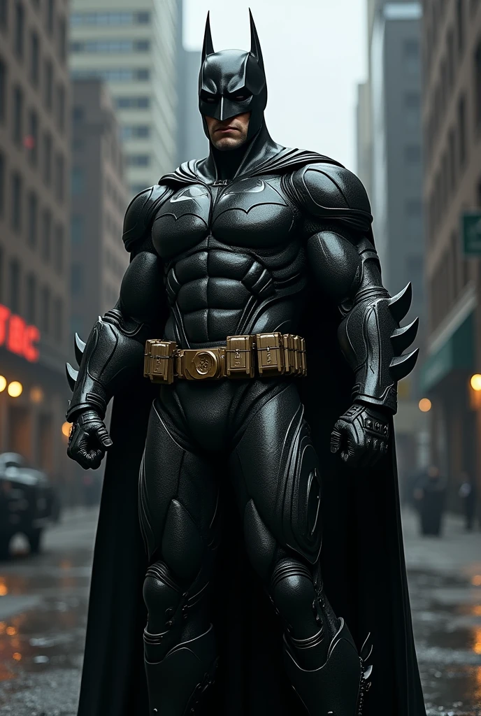 Make a Batman realistic with black metalic suite with wepons
