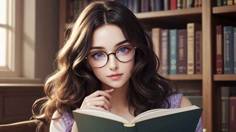 Wearing glasses，Reading a book in the library，Gold frame round glasses, Wavy Hair、Very cute face、Long Hair、Long Hair、Soft Light,Sparkling eyes，Purple eyes、Captivating beauty、Attractive adult woman、Beautiful woman、Ultra-high resolution, Realistic,