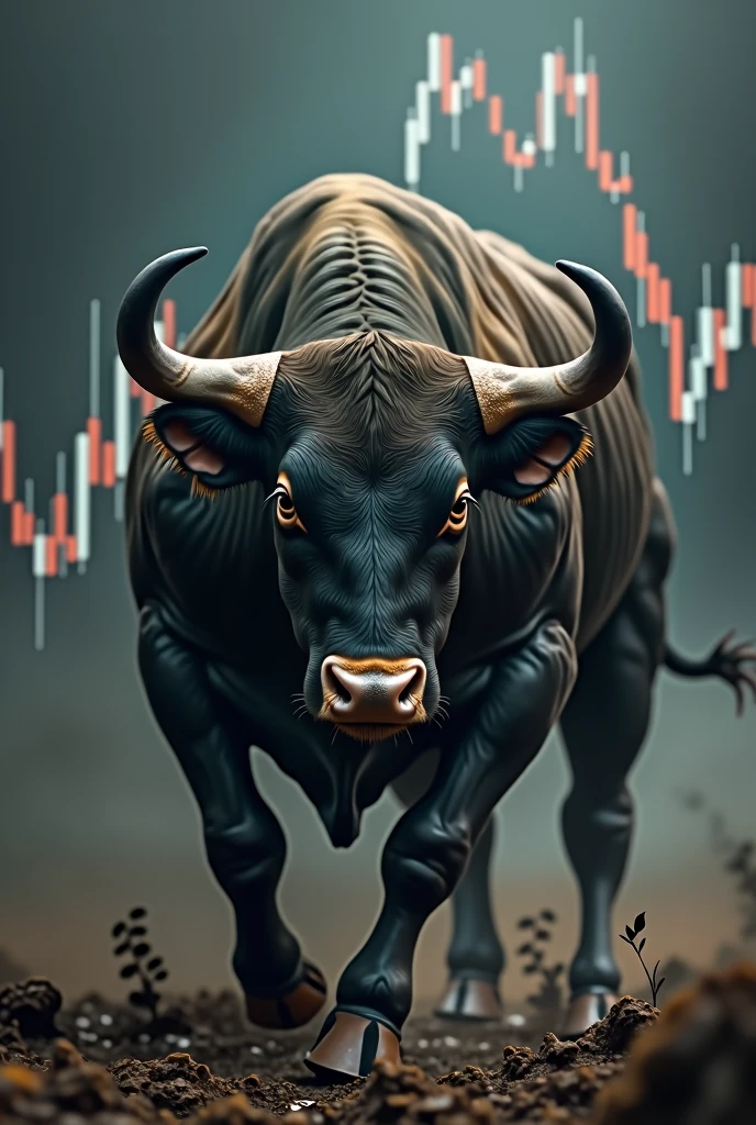 snorting bull, candlestick charts in the background, dark tone,