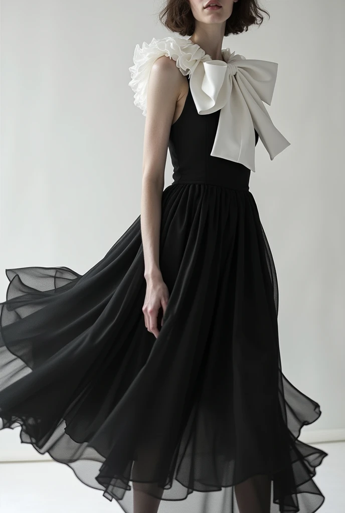 there is a black and white dress with a white bow on it, flowing fabric, black and white color aesthetic, flowing realistic fabric, black and white clothes, a still of an ethereal, black and white color, beautiful flowing fabric, slow motion fashion, white and black clothing, frilled blooming collar, frill, flowing dress, inspired by Hedi Xandt