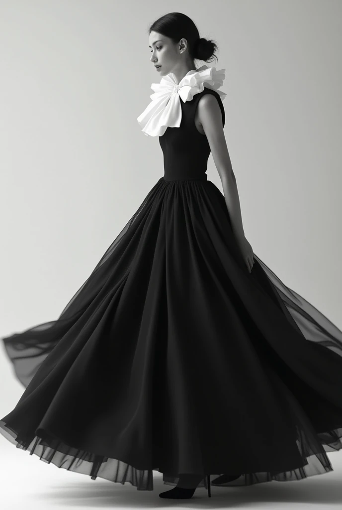 there is a black and white dress with a white bow on it, flowing fabric, black and white color aesthetic, flowing realistic fabric, black and white clothes, a still of an ethereal, black and white color, beautiful flowing fabric, slow motion fashion, white and black clothing, frilled blooming collar, frill, flowing dress, inspired by Hedi Xandt