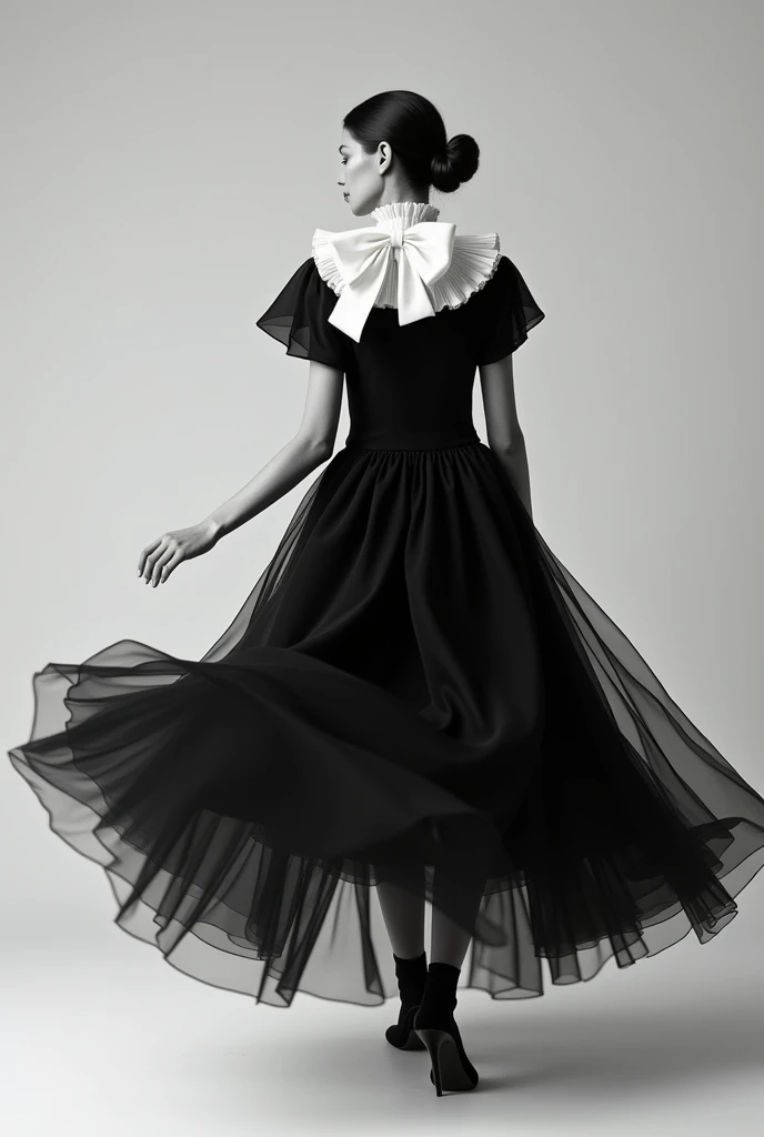 there is a black and white dress with a white bow on it, flowing fabric, black and white color aesthetic, flowing realistic fabric, black and white clothes, a still of an ethereal, black and white color, beautiful flowing fabric, slow motion fashion, white and black clothing, frilled blooming collar, frill, flowing dress, inspired by Hedi Xandt