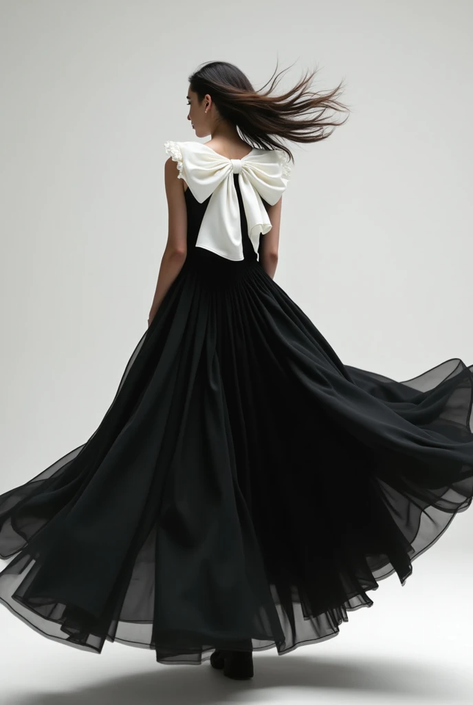 there is a black and white dress with a white bow on it, flowing fabric, black and white color aesthetic, flowing realistic fabric, black and white clothes, a still of an ethereal, black and white color, beautiful flowing fabric, slow motion fashion, white and black clothing, frilled blooming collar, frill, flowing dress, inspired by Hedi Xandt