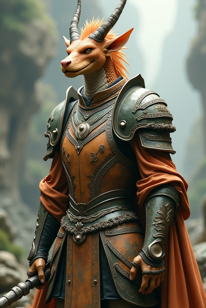 Asian Draconid male humanoid paladin dull and light green color. Her body has a fine shape, with delicate features. Tailless and dressed in heavy armor. Long-crested, varying between semi-fur and spines, with a pair of very small horns. The color varies between ochre and terracotta.. pointy ears, that remain low.