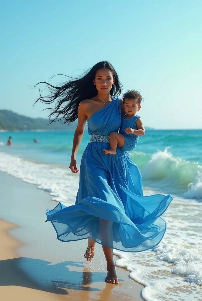 A Brazilian woman with long black hair, wearing long blue clothes, running with a baby in her arms, wearing blue clothes too, in a beach landscape with blue details
