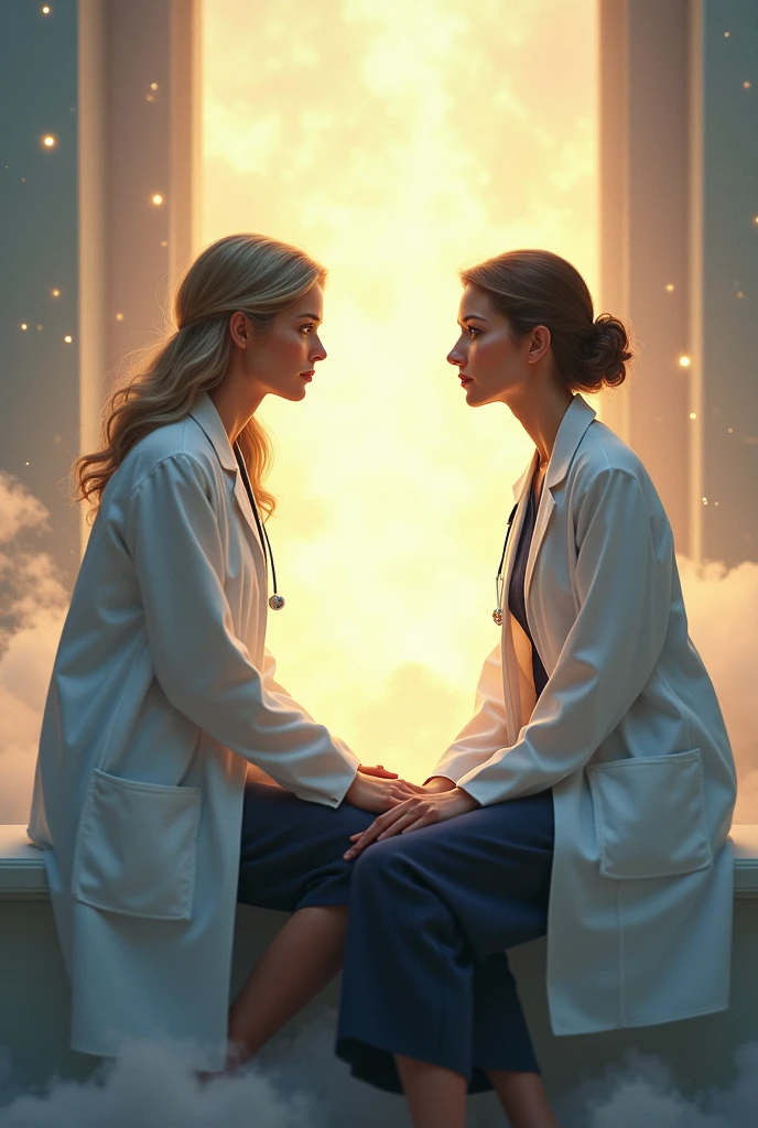 Two ladies doctor seated in heaven and talk with each other about his past sad life