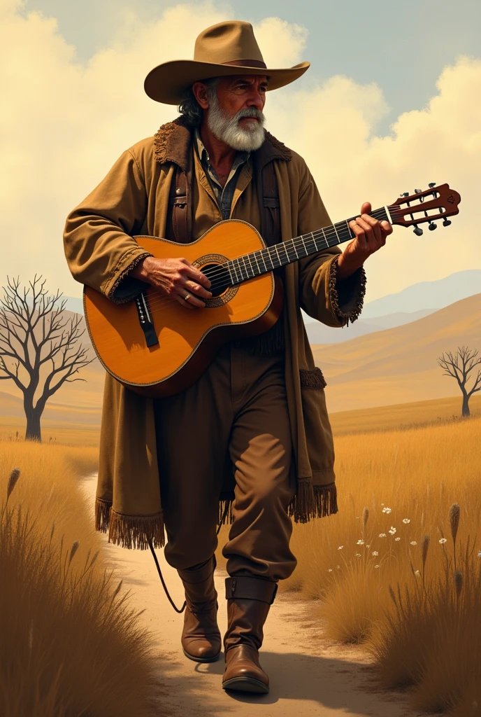 a gaucho creole man in his 50's walking playing the creole guitar