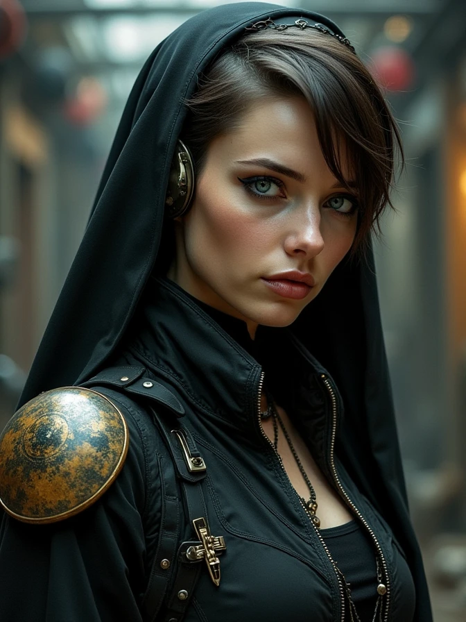 one Beautiful woman. Dark brown hair, pixie haircut. blue eyes. daring outfit. goth tomboy. maidenly charm. space soldiur nun. Dark sci-fi. Warhammer 40k. Dieselpunk. baroque oil painting.