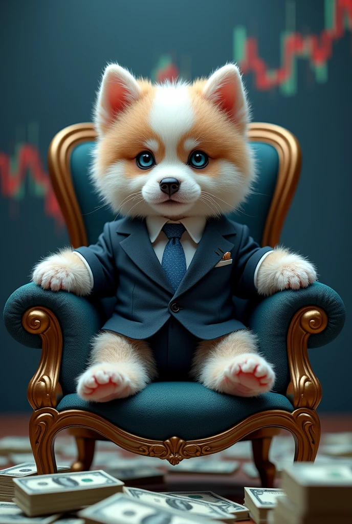 Puppy, ice hairs, sitting in the throne, graphs behind the stock market, in a suit, blue colored eyes, a lot of money on the floor