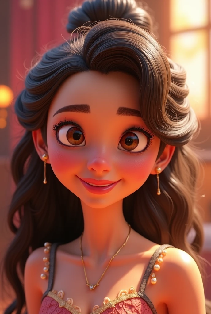 Pixar style image with large forehead with small brown eyes of 3D character, Light brunette woman , curry hair, long and tied in a bun and , Disney makeup