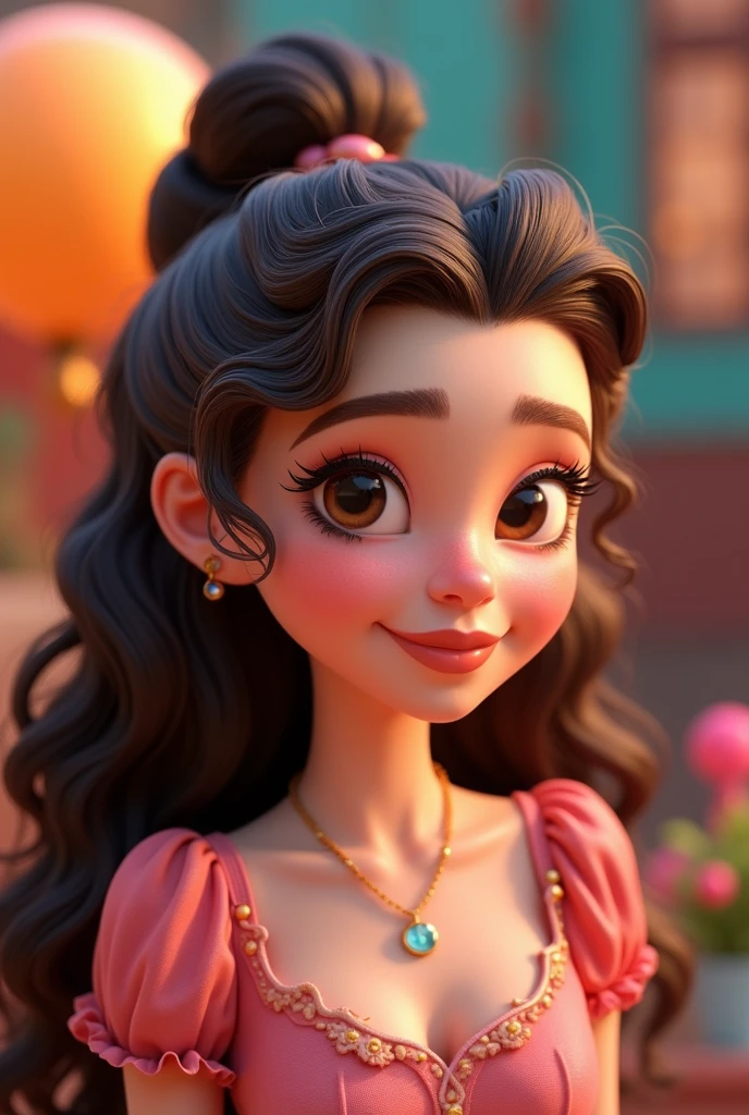 Pixar style image with large forehead with small brown eyes of 3D character, Light brunette woman , curry hair, long and tied in a bun and , Disney makeup