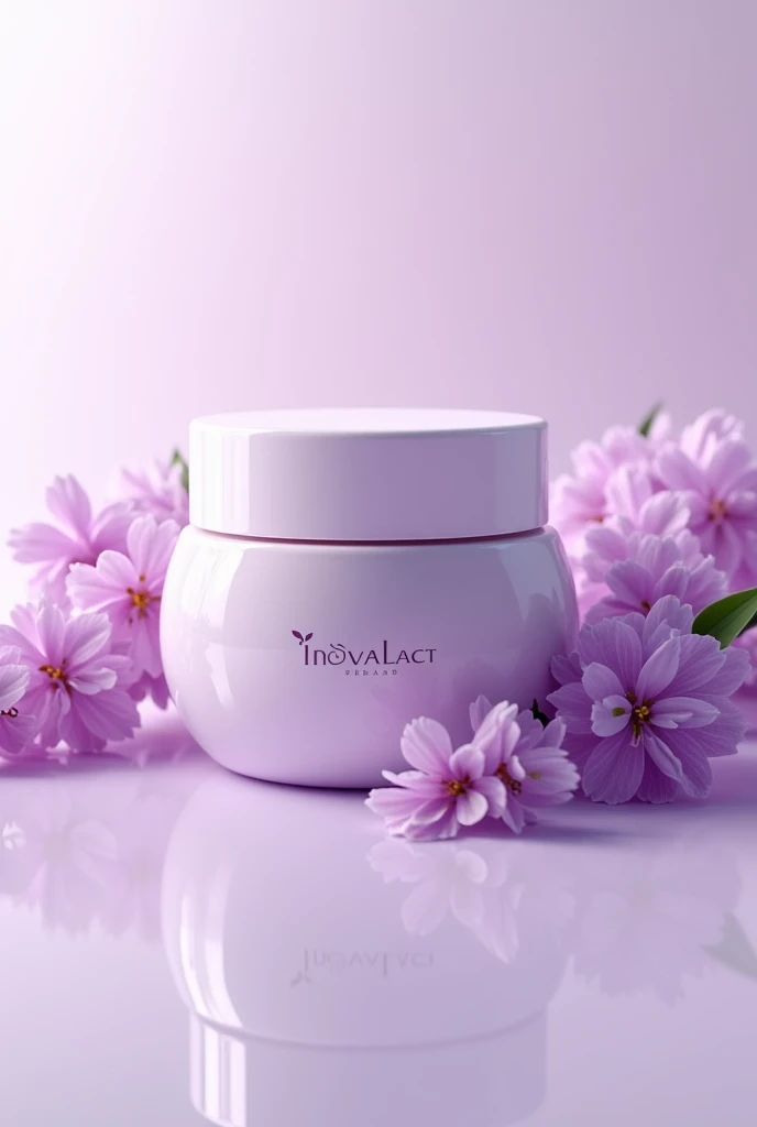 (Photorealism:1.2), create packaging for a cream from a brand with the inovalact label, lilac 