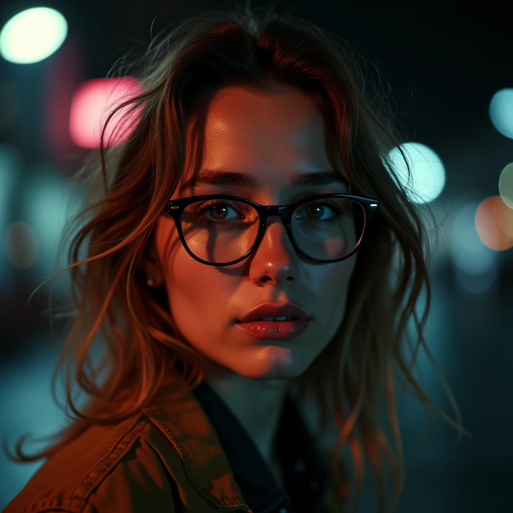 a beautiful 23-year-old woman, light brunette, close-up, girl next door, baggy clothes, makeup, lips, glasses, night, messy hair, film grain, retro, Porta 160 color, shot on ARRI ALEXA 65, sharp focus on subject, Fujifilm XT-3