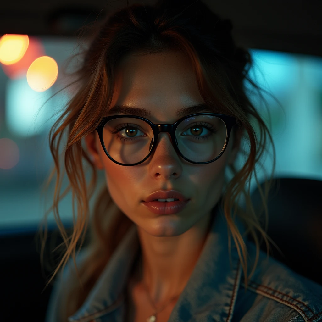 a beautiful 23-year-old woman, light brunette, close-up, girl next door, baggy clothes, makeup, lips, glasses, night, messy hair, film grain, retro, Porta 160 color, shot on ARRI ALEXA 65, sharp focus on subject, Fujifilm XT-3
