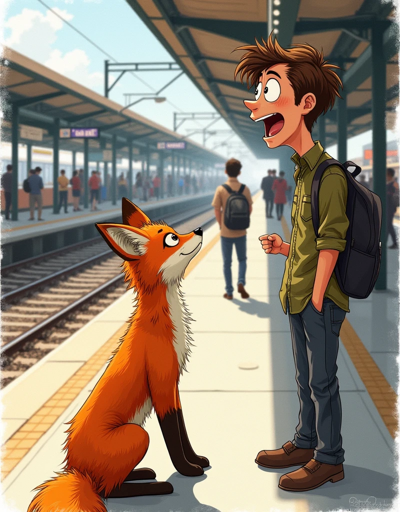 A drawing of a man surprised to see an orange fox at a train station