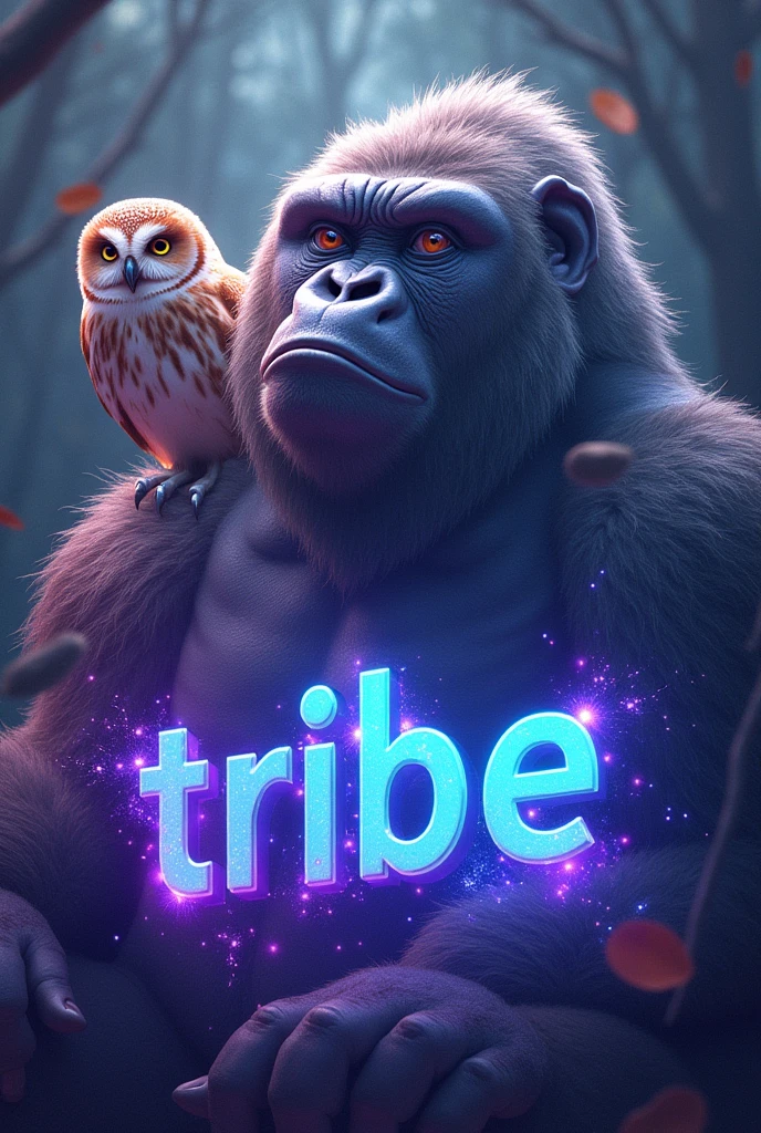 Tribe written in purple and OG written in blue with an owl and a gorilla