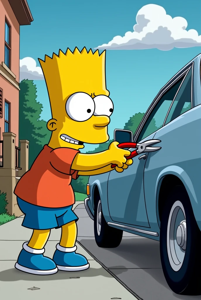 Bart Simpson standing with pliers trying to open the car window