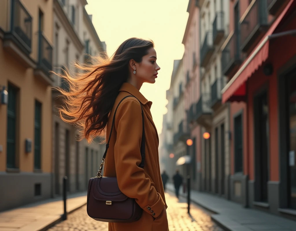 a left side profile view of a full body woman, walking down a street, left side profile view, carrying a bag in left hand, detailed facial features, beautiful eyes, detailed nose and lips, flowing hair, photorealistic, masterpiece, 8k, ultra-detailed, realistic lighting, vibrant colors, urban environment, detailed architecture, cobblestone street, overcast sky, warm lighting