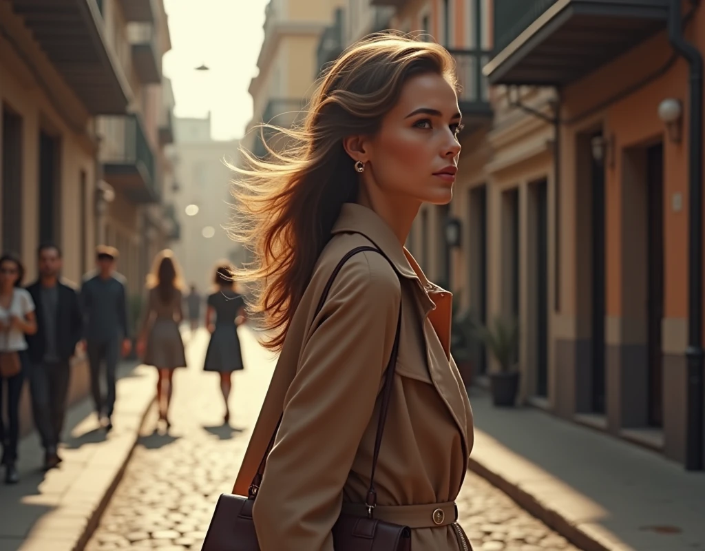 a left side profile view of a full body woman, walking down a street, left side profile view, carrying a bag in left hand, detailed facial features, beautiful eyes, detailed nose and lips, flowing hair, photorealistic, masterpiece, 8k, ultra-detailed, realistic lighting, vibrant colors, urban environment, detailed architecture, cobblestone street, overcast sky, warm lighting