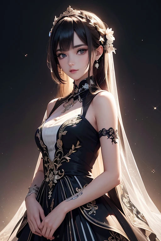 (masterpiece:1.2), Best Quality, (illustration:1.2), (ultra detailed), hyper details, (delicate detailed), (intricate details), (cinematic light, Best Quality Backlights), Delete line, soloist, perfect body, (1 girl), A young Caucasian woman with long, dark curly hair wearing a black and white striped dress against a black and white geometric background with sparkles, (make up), high contrast, (better lighting, an extremely created and beautiful), (cinematic light), showy,