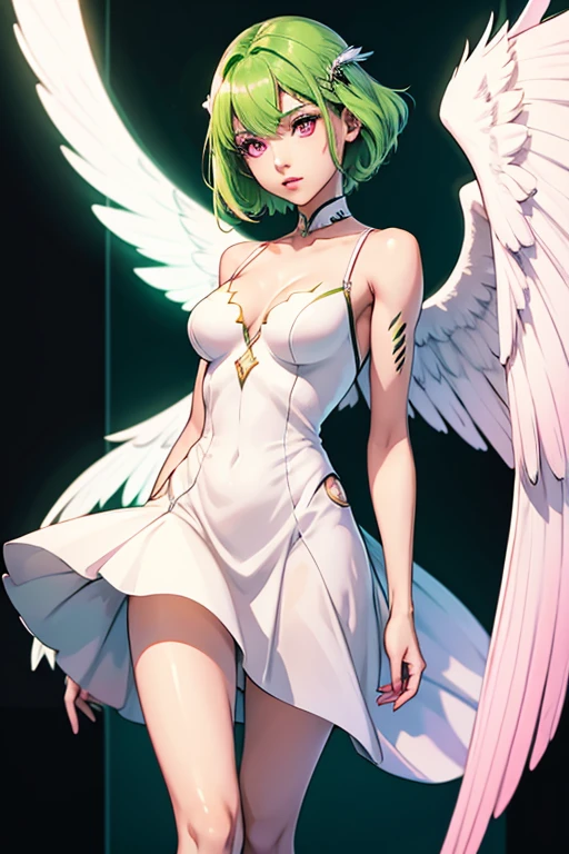1girl, short green hair, pink eyes, angel wings, cyborg, long flowy white dress, black heels