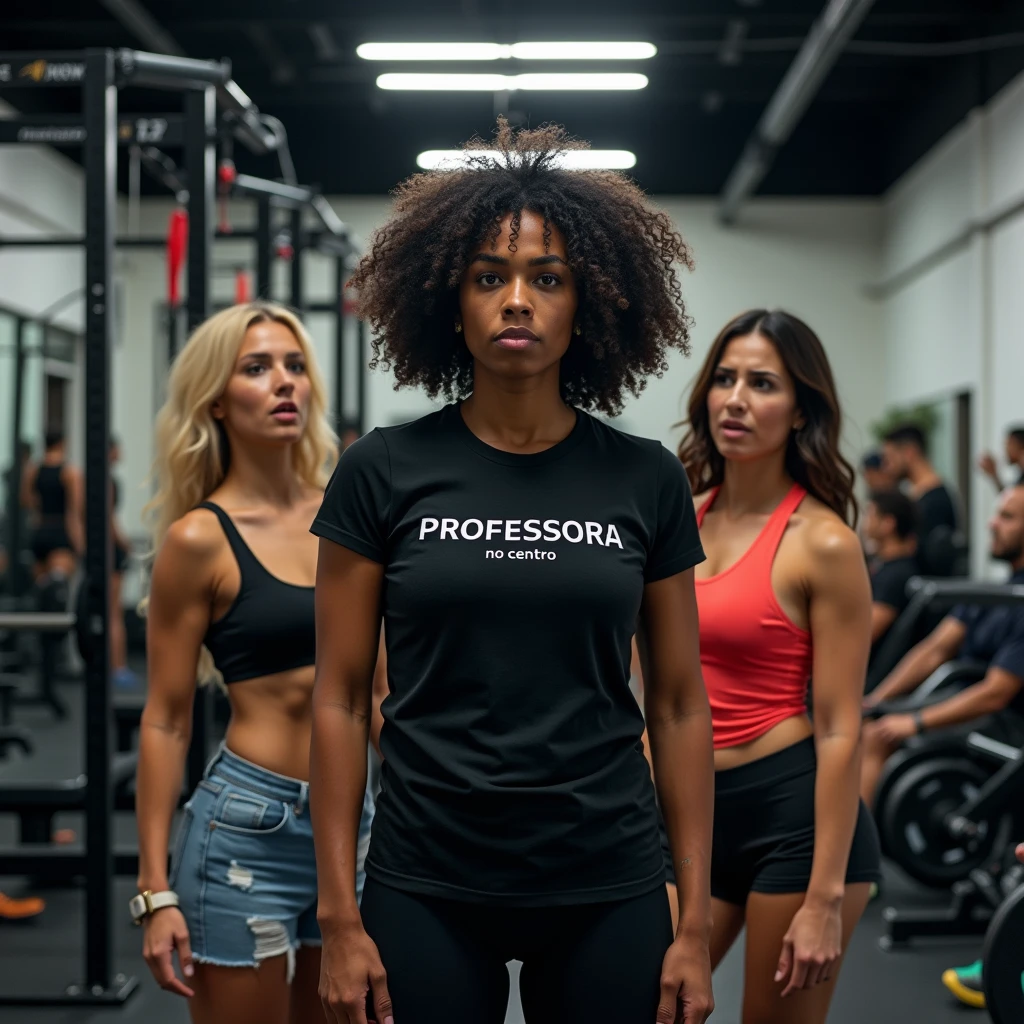 “A bustling gym with various exercise machines visible, including bench press, rowing machine, free weights, and leg press. The room is filled with students, both men and women, actively working out. In the middle of the aisle stands the gym instructor, a 24-year-old Black Brazilian woman with curly hair and a physique that reflects an active fitness lifestyle. She is wearing a black t-shirt with ‘PROFESSORA’ in letras maiúsculas no centro. The instructor looks extremely furious and overwhelmed, with a visibly angry and stressed expression. Surrounding her are two women, one blonde and one brunette, each standing on either side of the instructor. Both are angrily complaining and demanding assistance. The image should be captured in ultra-realistic quality using high-end professional cameras and lenses, such as the Canon EOS R5 with an RF 50mm f/1.2L lens, to ensure sharp details and impressive realism. The photo should capture the intense atmosphere of the gym and the heightened emotions of the instructor and the two women.”
