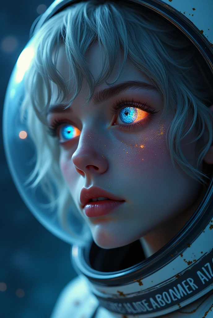 (Close-up of a better masterpiece:1.5)0.9], (Space and astronauts:1.2) (Messy silver hair:1.1) (Heterochromia xanthochromia and blue eyes:1.2) (Space Helmet:1.0) (Colored stars in the eyes:1.0) (A radiant glow:1.1) (thick lips:0.9)