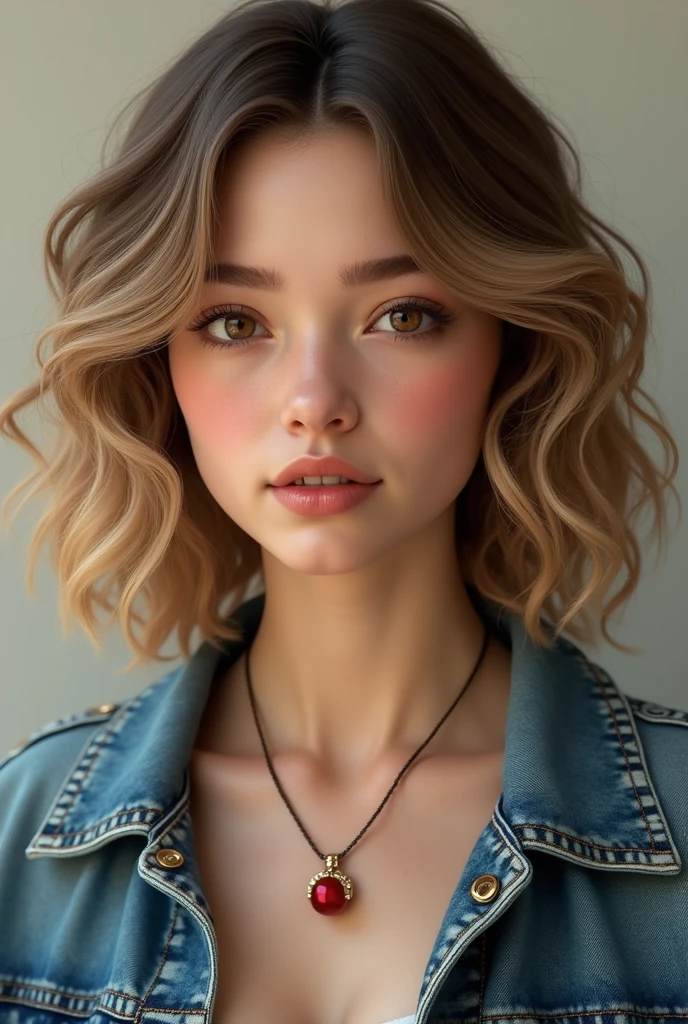 19 year old girl realistic curly hair blonde brown eyes, with a necklace with a red pearl, denim coat