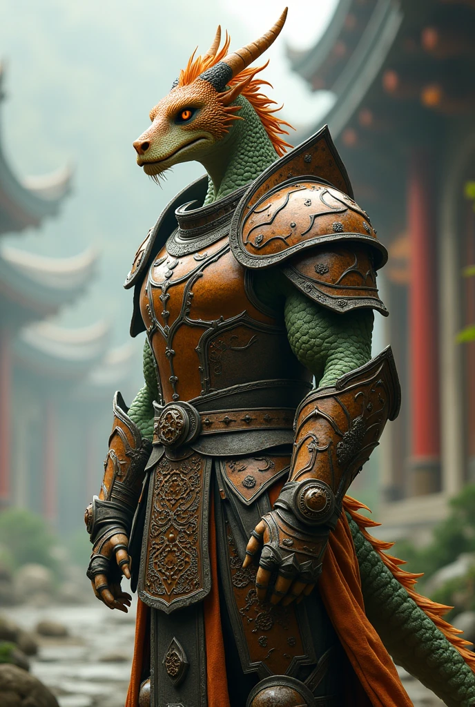 Asian Draconid male humanoid paladin dull and light green color. Her body has a fine shape, with delicate features. Tailless and dressed in heavy armor. Long-crested, varying between semi-fur and spines, with a pair of very small horns. The color varies between ochre and terracotta.. pointy ears, that remain low.