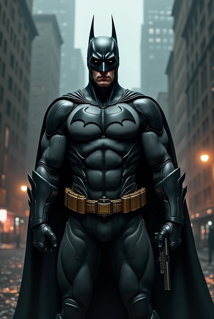 Make a Batman realistic with black metalic suite with gun