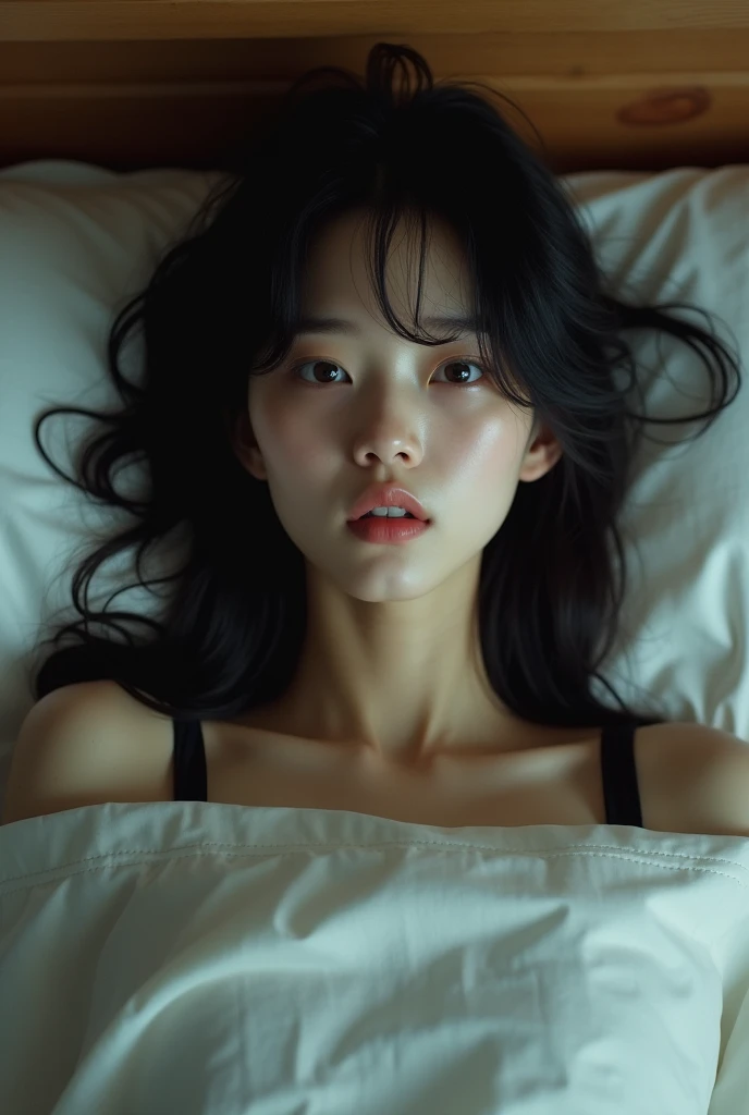 A woman wearing a black top and stockings is lying on a bed, sakimichan,3, Yoshitomo Nara, Filmed in the early 2020s, Japanese Goddess, 