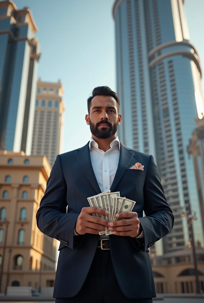 people in dubai, in the background one of the largest buildings in Dubai, he has many diamonds and dollars in his hands
