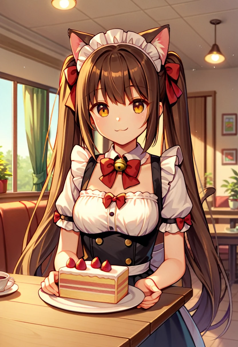 Chocola 1 girl with long brown hair, amber eyes, long hair, pigtails smile, silver bell on neck, maid uniform, cafe room, indoors , red bows, hold  dish with cake, cat ears, cat tail