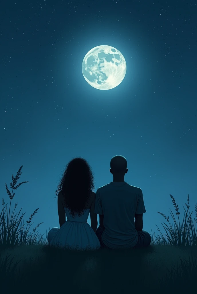 Fat long haired woman and Nigerian  bald man sitting on the grass looking at the sky full moon and stars