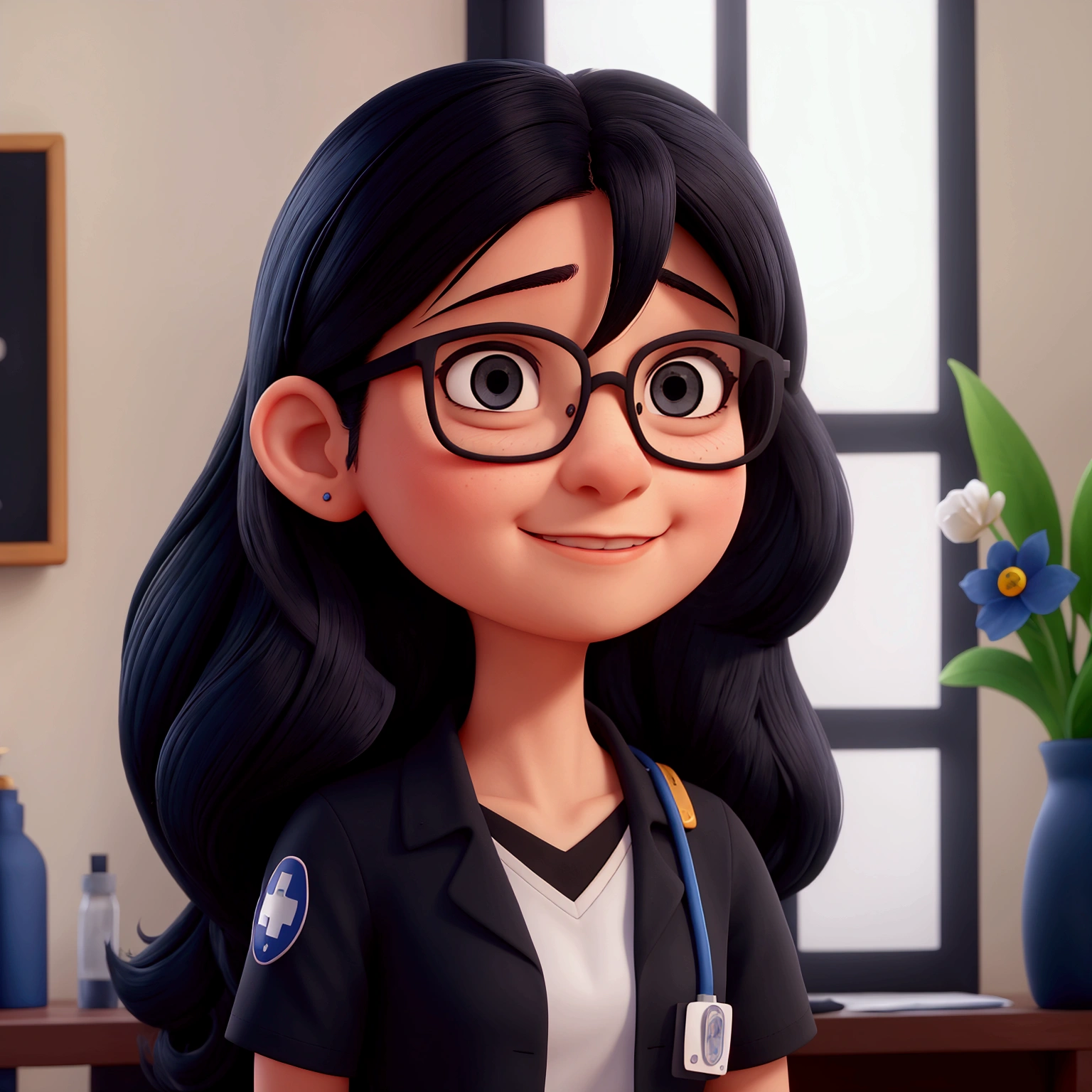 Nurse with small black glasses,,India,with very long black hair in a blue uniform and an ID that says Alejandra 